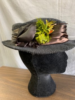 MTO, Charcoal Gray, Black, Moss Green, Wool, Polyester, Solid, Heavy Felt Boater with Pleated Black Poly Satin Band Faded to Brown, Moss Colored Feather and Velvet Leaf Decoration. Wired Brim,