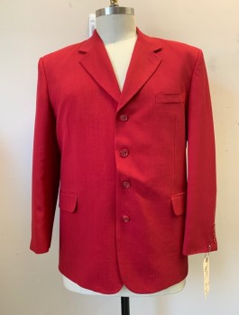 Mens, Suit, Jacket, VANETTI, Red, Polyester, Solid, 46 L, Notched Lapel, Collar Attached, 4 Buttons, 3 Pockets,