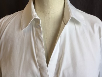 EXPRESS, White, Cotton, Elastane, Solid, V-neck with Collar Attached, Hidden Button Front, Long Sleeves, Curved Hem