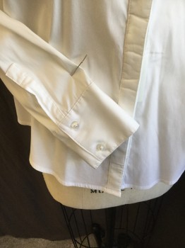 EXPRESS, White, Cotton, Elastane, Solid, V-neck with Collar Attached, Hidden Button Front, Long Sleeves, Curved Hem