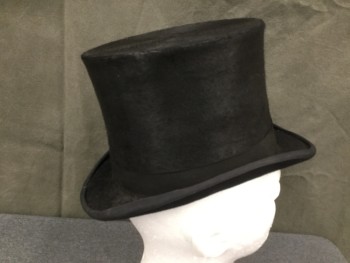 Mens, Historical Fiction Hat , N/L, Black, Fur, 56, 7, Top Hat, 1 1/2" Wide Faille Band and Edging at Brim, 5 3/4" Tall Crown, Rolled Side Brim