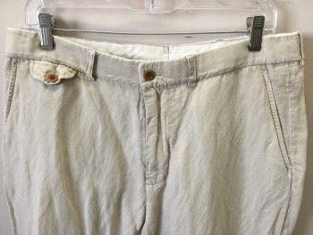 Mens, Casual Pants, POLO, Khaki Brown, Linen, Silk, Solid, 32, 34, Aged/Distressed,  Flat Front, 5 Pockets, Holes, Stains,