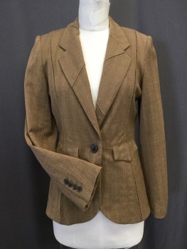 Womens, Blazer, YIGAL AZROUEL, Caramel Brown, Brown, Lt Gray, Wool, Silk, Stripes, B36, M, W28, Novelty Broken Stripe Weave Pattern Wool, Stitched Down Inverted Box Pleat Detail Throughout Blazer. 1 Button Single Breasted, 2 Pockets with Flaps, Slit Center Back, Lining in Large Scale Floral Print of Roses in Wine, Caramel and Green on Cream Background in Silk