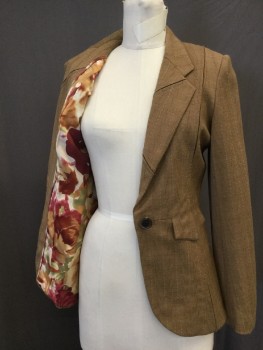 Womens, Blazer, YIGAL AZROUEL, Caramel Brown, Brown, Lt Gray, Wool, Silk, Stripes, B36, M, W28, Novelty Broken Stripe Weave Pattern Wool, Stitched Down Inverted Box Pleat Detail Throughout Blazer. 1 Button Single Breasted, 2 Pockets with Flaps, Slit Center Back, Lining in Large Scale Floral Print of Roses in Wine, Caramel and Green on Cream Background in Silk