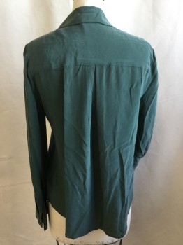 L'ANGENCE, Forest Green, Silk, Solid, Collar Attached, Hidden Button Front, 2 Pockets with Flap, Long Sleeves, Curved Hem