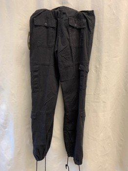 Womens, Pants, ROTHCO, Black, Ramie, Cotton, Solid, S, Lower Waist, 8 Pockets, Zipper Fly, Knee Pleats, Waist & Ankle Drawstring, Flap Button Closure Cargo Pockets