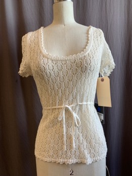 REFORMATION, White, Linen, Solid, Sheer Delicate Knit, Scoop Neck, Short Sleeves, Self Tie Waist