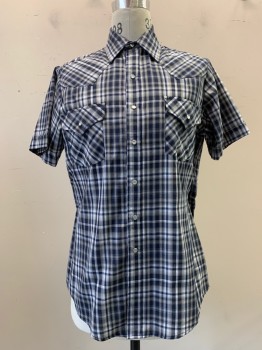 ELY CATTLEMAN, Navy Blue, White, Gray, Black, Poly/Cotton, Plaid, Snap Button Front, Collar Attached, Short Sleeves, 2 Flap Pockets with Snap Closure