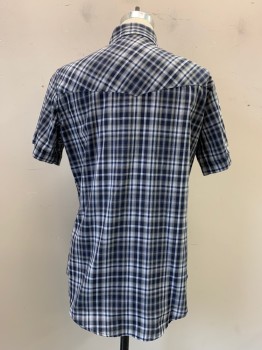 ELY CATTLEMAN, Navy Blue, White, Gray, Black, Poly/Cotton, Plaid, Snap Button Front, Collar Attached, Short Sleeves, 2 Flap Pockets with Snap Closure