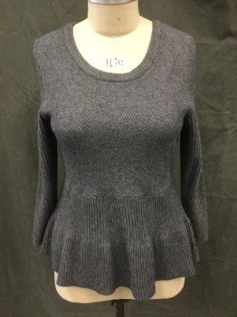 LANE BRYANT, Heather Gray, Polyester, Rayon, Multi-Directional Ribbed Knit, Scoop Neck, Long Sleeves, Peplum