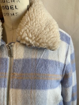 WILD FABLE, Lt Blue, White, Beige, Polyester, Rayon, Plaid, Fleece, Zip Front, Bomber, Collar Attached with Solid Cream Button Detachable Collar, 2 Pockets, Ribbed Knit Waistband/Cuff