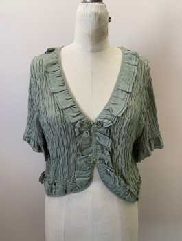 Womens, Top, REFORMATION, Sage Green, Viscose, Solid, XS, V-N, S/S, Ruffle Trim