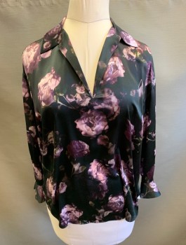 Womens, Blouse, VINCE, Black, Purple, Lavender Purple, Silk, Floral, L, Roses Pattern Satin, Long Sleeves, Pullover, Collar Attached