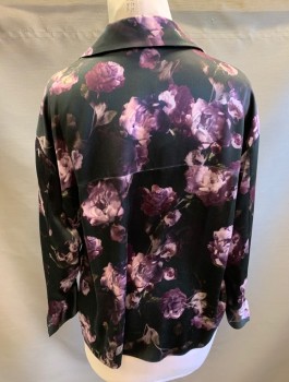 Womens, Blouse, VINCE, Black, Purple, Lavender Purple, Silk, Floral, L, Roses Pattern Satin, Long Sleeves, Pullover, Collar Attached
