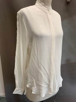Womens, Blouse, PHILLIP LIM, Cream, Silk, Solid, Sz.4, Sheer Georgette, L/S, Button Front, Band Collar, Ruffled Edge at Collar