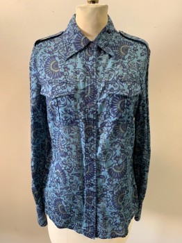 Womens, Blouse, TORY BURCH, Dusty Blue, Navy Blue, Ochre Brown-Yellow, Cotton, Floral, 4, Long Sleeves, Epaulets, 2 Pockets with Flaps, Button Front, Collar Attached,
