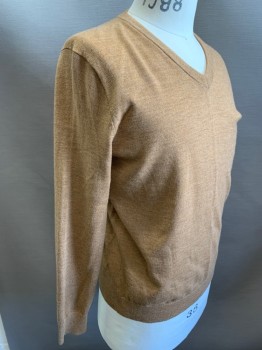 Mens, Pullover Sweater, JCREW, Lt Brown, Wool, Heathered, M, Long Sleeves, Pullover, V-neck,