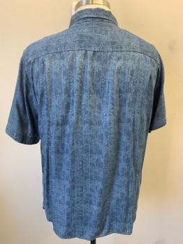 Mens, Casual Shirt, TOMMY BAHAMA, Lt Blue, Indigo Blue, Tencel, Tropical , Heathered, XL, Palm Tree Pattern, Short Sleeves, Button Front, Collar Attached,