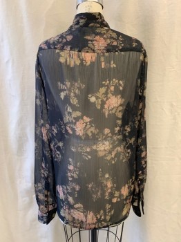Womens, Blouse, ASOS, Black, Beige, Lt Green, Polyester, Floral, M, Collar Attached, Button Front, Ruffle Front, Long Sleeves, Sheer