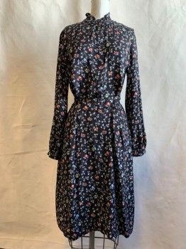 Womens, Dress, Long & 3/4 Sleeve, REBECCA TAYLOR, Black, White, Orange, Yellow, Silk, Floral, 2, Button Front, Band Collar with Ruffle, Pleated Skirt, Self Tie Attached at Front Waist for Wrap Around to Back, Long Sleeves, Gathered at Button Cuff, Elastic Back Waist
