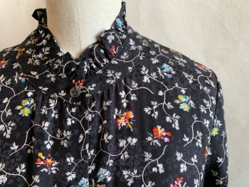 Womens, Dress, Long & 3/4 Sleeve, REBECCA TAYLOR, Black, White, Orange, Yellow, Silk, Floral, 2, Button Front, Band Collar with Ruffle, Pleated Skirt, Self Tie Attached at Front Waist for Wrap Around to Back, Long Sleeves, Gathered at Button Cuff, Elastic Back Waist