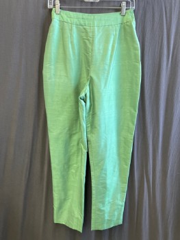 NL, Green, Silk, Leaves/Vines , Pants, Waistband, Darts @ Waist, Side Zip, Slit Hem