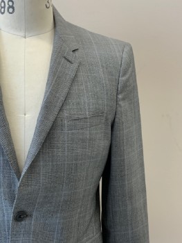 Mens, Sportcoat/Blazer, BURBERRY, Gray, Black, Blue, Wool, Glen Plaid, 40R, L/S, 2 Buttons, Single Breasted, Notched Lapel, 3 Pockets,