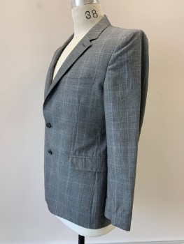 Mens, Sportcoat/Blazer, BURBERRY, Gray, Black, Blue, Wool, Glen Plaid, 40R, L/S, 2 Buttons, Single Breasted, Notched Lapel, 3 Pockets,