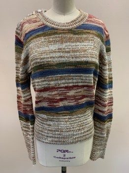 Womens, Pullover, VERONICA BEARD, Tan Brown, Olive Green, Maroon Red, Blue, Multi-color, Cotton, Synthetic, Stripes, XS, CN, L/S, Chunky Knit, Shoulder Buttons, Medallion Silver Buttons