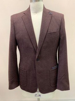 Mens, Sportcoat/Blazer, VIVELLA, Maroon Red, Wool, Tweed, 40R, Single Breasted, Notched Lapel, 2 Buttons,  3 Pockets 2 Patch 1 with Pocket In Pocket Detail, Leather Tab At Top Collar
