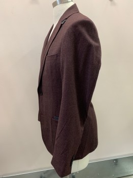 Mens, Sportcoat/Blazer, VIVELLA, Maroon Red, Wool, Tweed, 40R, Single Breasted, Notched Lapel, 2 Buttons,  3 Pockets 2 Patch 1 with Pocket In Pocket Detail, Leather Tab At Top Collar