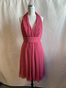 Womens, Cocktail Dress, WATTERS & WATTERS, Dusty Rose Pink, Polyester, Solid, B34, 8, W28, V-neck, Pleated Chiffon, Button Loop Back Neck, Zip Back, Horizontal Gathered Waistband, Gathered Front Waist Panel