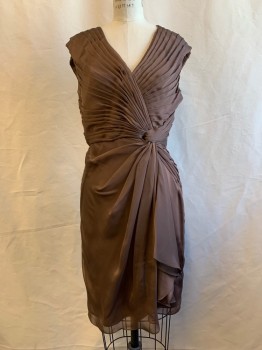 Womens, Cocktail Dress, LILIANA, Brown, Polyester, Solid, B36, 6, W28, Horizontal Pleated Chiffon Top, Solid Chiffon Bottom Surplice Top, Gathered Knot Front, Sleeveless, Zip Back