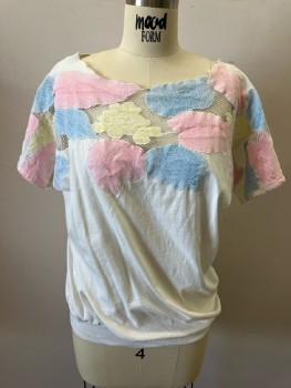 Womens, Top, TESA, S, White Cotton Jersey, Pull On, Sheer Mesh Yoke with Pastel Blue/Yellow/Pink Flowers & Leaves, Boat Neck, Cap Sleeves, Rib Knit Hem