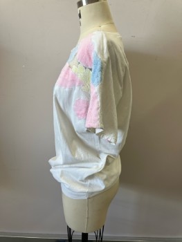 Womens, Top, TESA, S, White Cotton Jersey, Pull On, Sheer Mesh Yoke with Pastel Blue/Yellow/Pink Flowers & Leaves, Boat Neck, Cap Sleeves, Rib Knit Hem