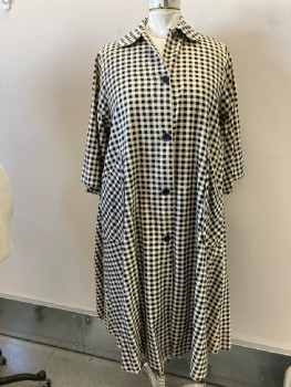 N/L, Cream/Black Check Cotton Flannel, Housecoat, Robe, A-line, B.F., Rounded C.A., 3/4 Slvs, 2 Patch Pckt, Calf Length