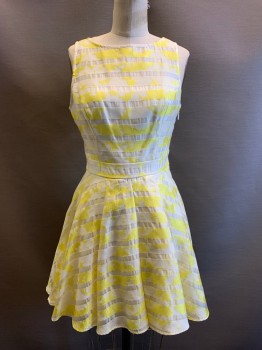 BEBE, Yellow, Cream, Polyester, Splotches, Stripes - Horizontal , Sleeveless, Round Neck, Sheer Stripes, Flared Bottom, Side Zipper,