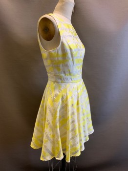 BEBE, Yellow, Cream, Polyester, Splotches, Stripes - Horizontal , Sleeveless, Round Neck, Sheer Stripes, Flared Bottom, Side Zipper,