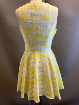 BEBE, Yellow, Cream, Polyester, Splotches, Stripes - Horizontal , Sleeveless, Round Neck, Sheer Stripes, Flared Bottom, Side Zipper,