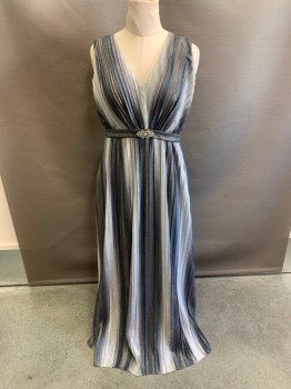 Womens, Evening Gown, DANNY & NICOLE, Silver Metallic, Pewter Gray, Slate Gray, Polyester, Stripes - Vertical , 10, Metallic, Completely Pleated  V-N, Gathered At Waist, Belted Waist, Rhinestone At Center Belt, Sleeveless, Zip Back, Floor Length Hem