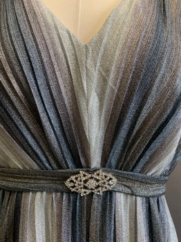 Womens, Evening Gown, DANNY & NICOLE, Silver Metallic, Pewter Gray, Slate Gray, Polyester, Stripes - Vertical , 10, Metallic, Completely Pleated  V-N, Gathered At Waist, Belted Waist, Rhinestone At Center Belt, Sleeveless, Zip Back, Floor Length Hem