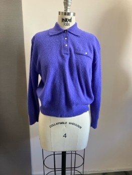 Womens, Sweater, DEVON, B:38, S, Purple, Pull On, 3 Button Polo, L/S, Rib Knit Trims, Wool
