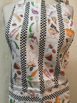 NO LABEL, White, Black, Multi-color, Cotton, Polyester, Check , Novelty Pattern, White/black Check with Colorful Food Print, Full Apron