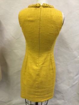 Womens, Dress, Sleeveless, TORY BURCH, Goldenrod Yellow, Cotton, Ramie, Solid, B32, 6, W27, Round Neck,  Zip Back, Sleeveless, Sheath, Chunky Braid Trim at Neck Edge and Down Center Front, with Trim Flower, Coarse Woven Slubbed Fabric