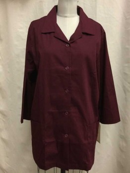 Cintas, Red Burgundy, Synthetic, Solid, Button Front, Collar Attached, 3/4 Sleeve, 2 Pockets,