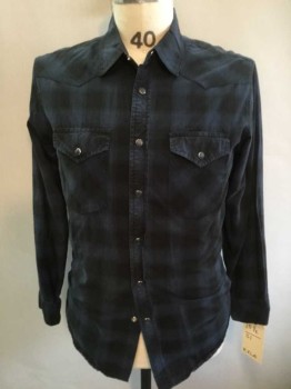 RVCA, Navy Blue, Black, Cotton, Check , Snap Front, 2 Flap Pockets, Western Yoke, Collar Attached