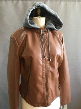 Womens, Casual Jacket, MARALYN & ME, Brown, Gray, Polyester, Cotton, Solid, M, JACKET:  Camel Brown, Western, Heather Hoody, Stand Collar Attached W/2 Snap Buttons, Zip Front, 2 Vertical Zip Pocket Bottom,detail Studs Work On Upper Arms & Back Waist, Short Side Belt