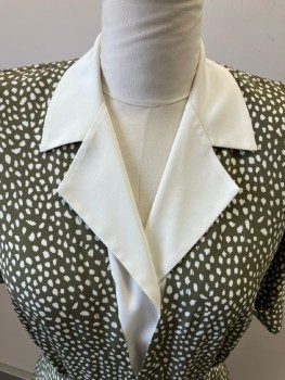 LIZ ROBERTS, Olive Green, Cream, Polyester, Abstract , Solid, Top, Olive W/cream Abstract Print with Cream Notched Lapel Overlap W/snap Front, Short Sleeves W/fold Over Cuffs