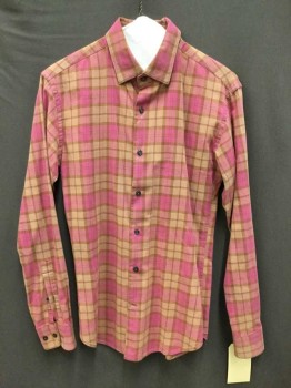 FARMSTEAD, Hot Pink, Taupe, Brown, Cotton, Plaid, Flannel, L/S, B.F., C.A.,