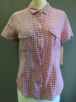 H&M, White, Red, Cotton, Gingham, Button Front, Collar Attached, Short Sleeve,  2 Pockets,